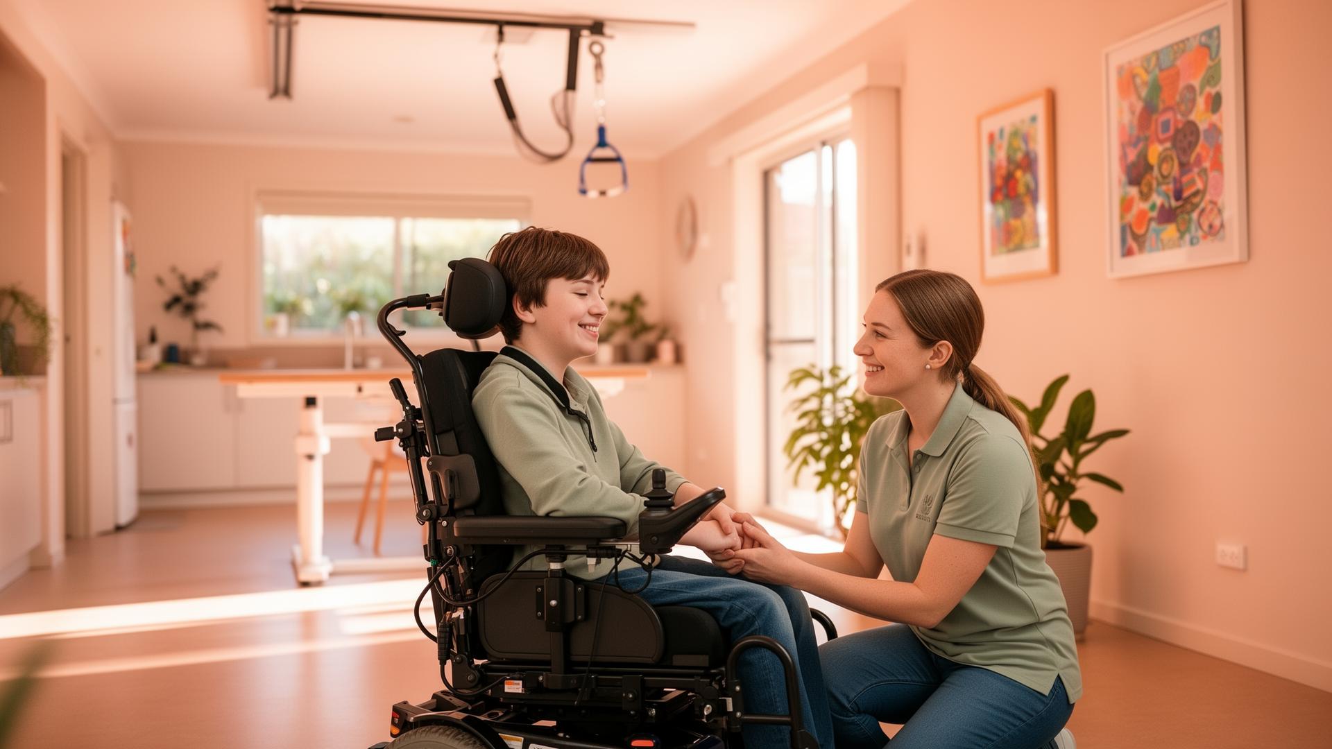 Young person receiving high physical support from a disability support worker in an accessible Supported Independent Living home